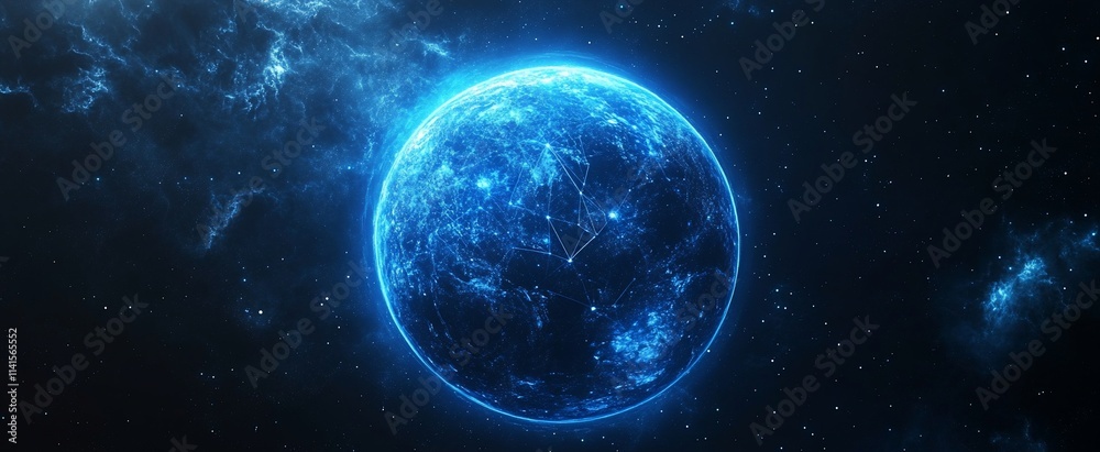 Fototapeta premium Glowing blue planet in dark space.