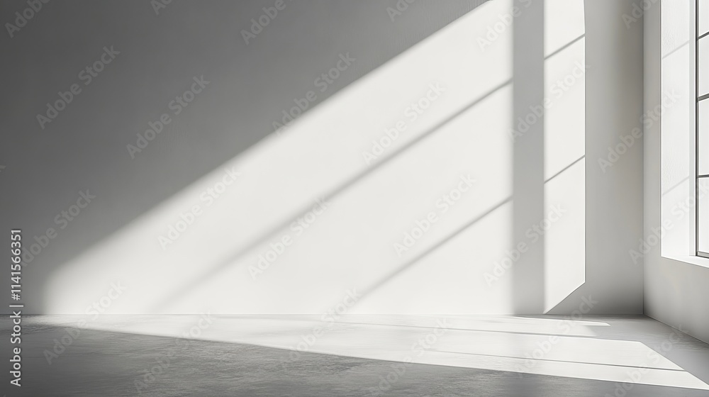 Minimalist wall interior background with white and grey tones, studio setting for product display and text insertion, featuring window shadows for natural lighting effect and presentation backdrops Minimalist wall interior background with white and grey tones, studio setting for product display and text insertion, featuring window shadows for natural lighting effect and presentation backdrops