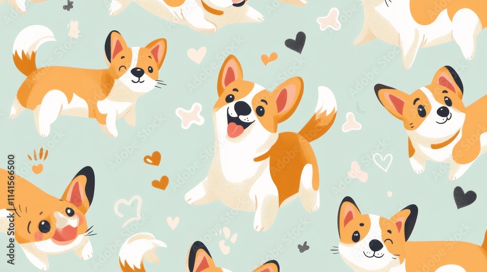 59.Vector seamless pattern of cartoon corgis, each with a unique playful expression and pose on a soft pastel background; puppies illustrated with bright, joyful eyes, some wagging tails, others 59.Vector seamless pattern of cartoon corgis, each with a unique playful expression and pose on a soft pastel background; puppies illustrated with bright, joyful eyes, some wagging tails, others