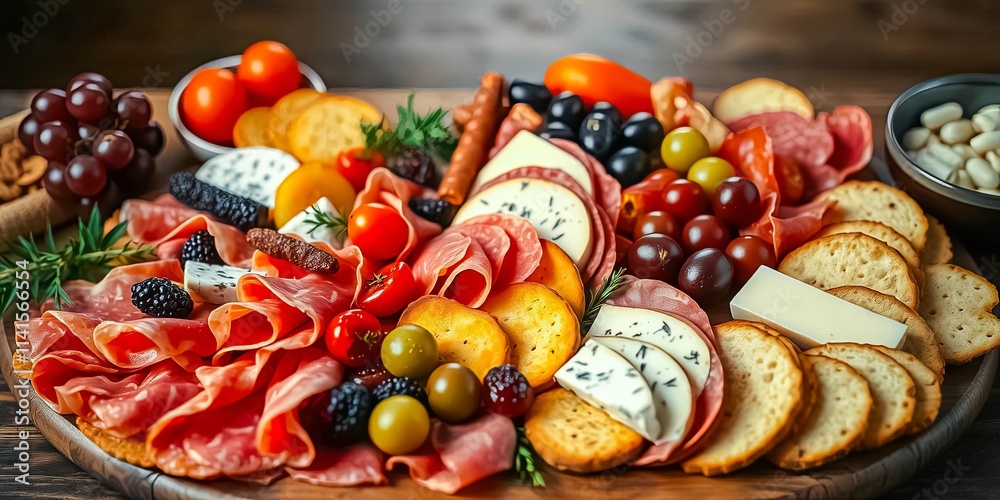 A delectable charcuterie board featuring an array of cured meats, assorted cheeses, crusty crackers, and fresh fruits A delectable charcuterie board featuring an array of cured meats, assorted cheeses, crusty crackers, and fresh fruits