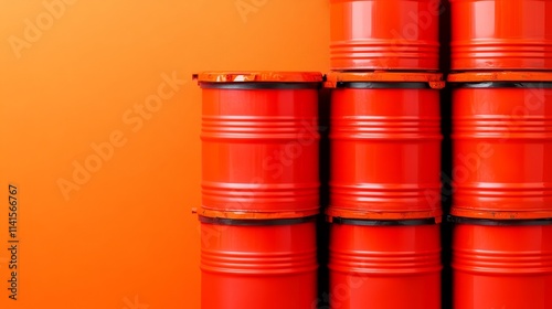 Stack of Bright Red Oil Drums Against a Vibrant Orange Background, Evoking Industrial Aesthetics and Modern Design Sensibility in Contemporary Art Context