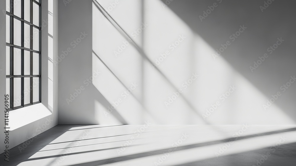 Obraz premium Minimalist wall interior background with white and grey tones, studio setting for product display and text insertion, featuring window shadows for natural lighting effect and presentation backdrops