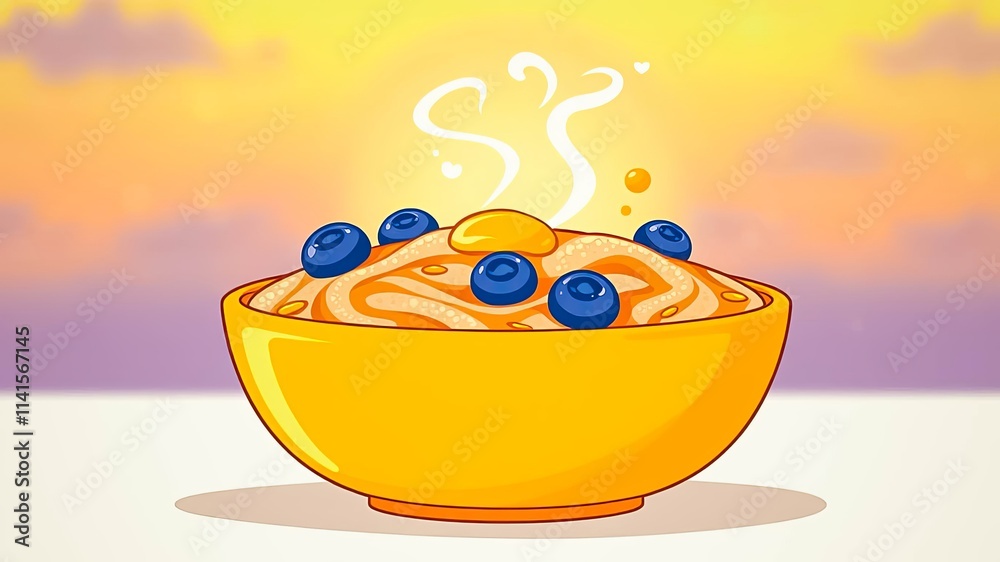 Warm Oatmeal with Blueberries and Honey in a Yellow Bowl at Sunrise Warm Oatmeal with Blueberries and Honey in a Yellow Bowl at Sunrise