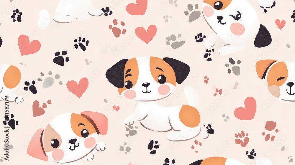 63.Cute vector seamless pattern featuring cartoon puppies with big eyes and soft fur, each in a different pose from sleeping to running; the pastel background is decorated with small paw prints and 63.Cute vector seamless pattern featuring cartoon puppies with big eyes and soft fur, each in a different pose from sleeping to running; the pastel background is decorated with small paw prints and