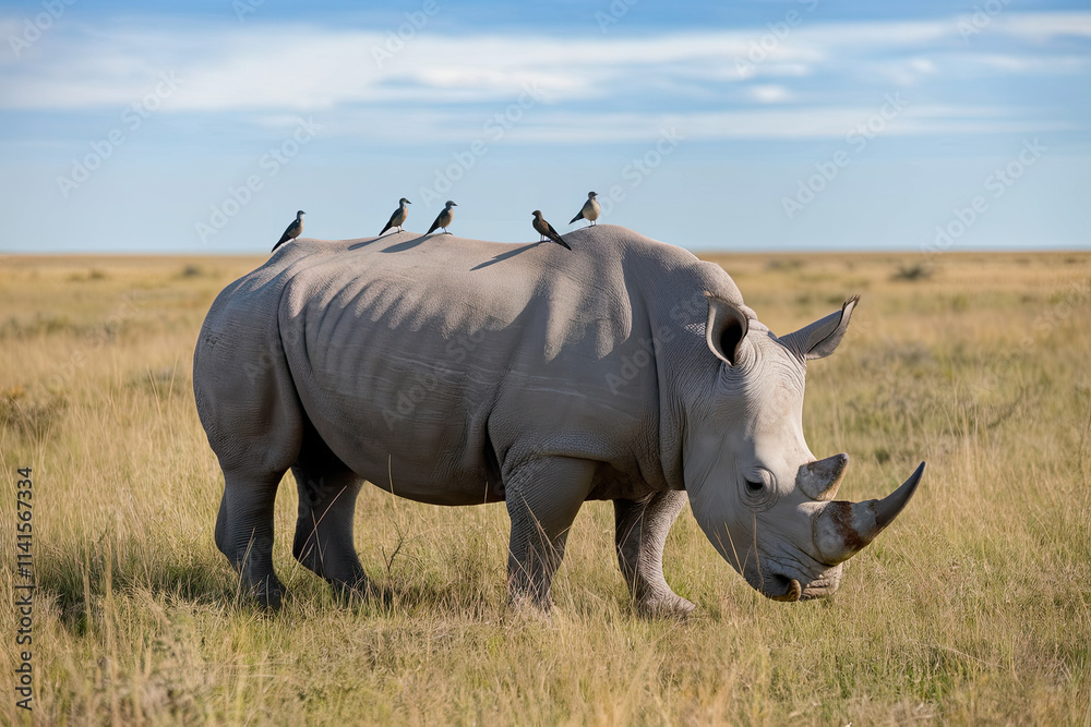 Obraz premium Rhinoceros grazing on the grasslands with birds on its back