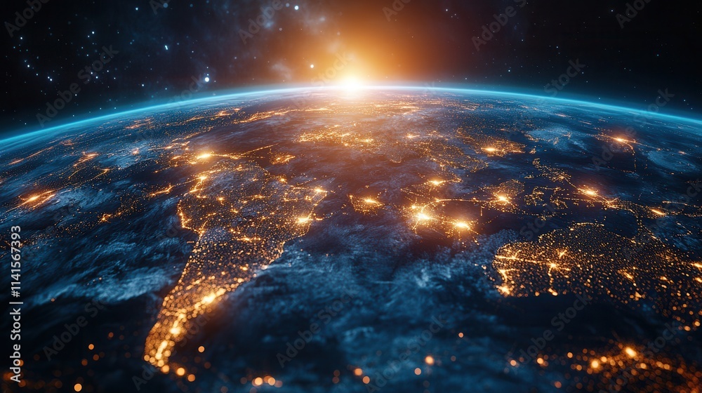 Obraz premium A stunning view of Earth at sunrise, showcasing illuminated cities, continents, and the vibrant blue atmosphere against a backdrop of stars.