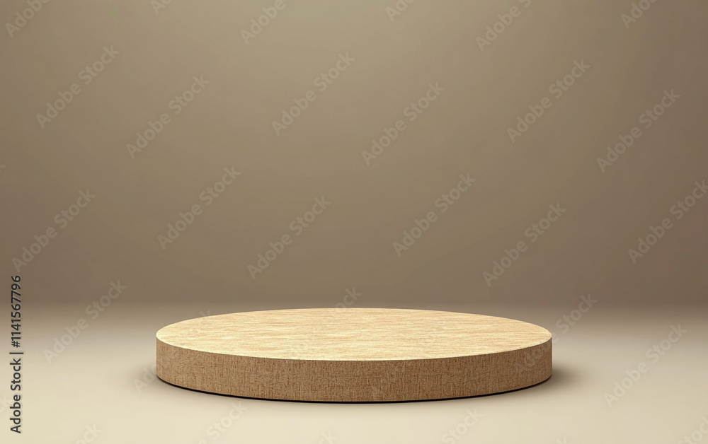 Circular wooden platform set against a neutral backdrop in a studio environment Circular wooden platform set against a neutral backdrop in a studio environment