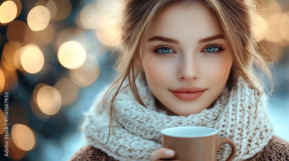 Captivating Young Woman Holding Coffee Cup in Stylish Winter Scarf : Generative AI Captivating Young Woman Holding Coffee Cup in Stylish Winter Scarf : Generative AI