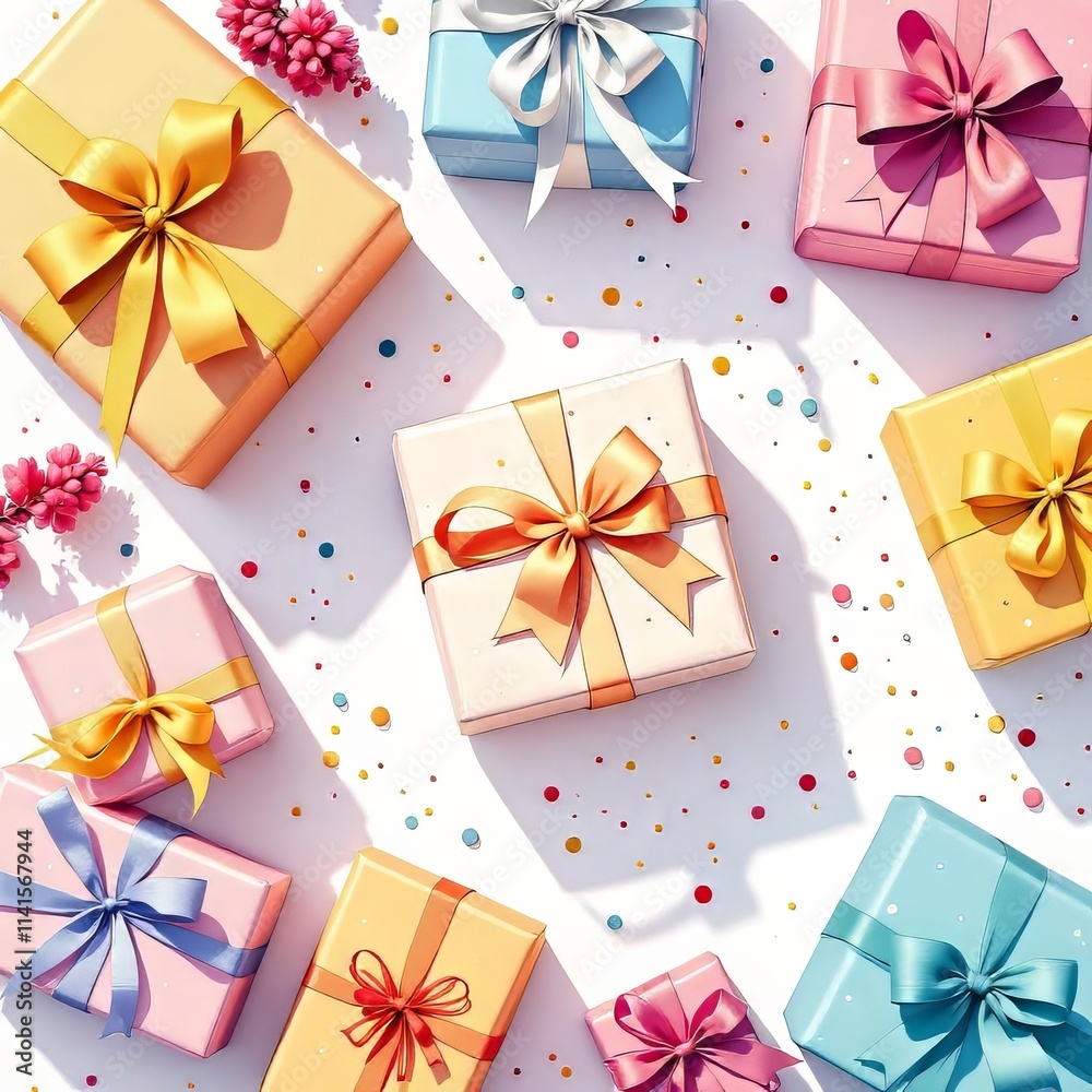 Gift boxes, ribbon-tied, in a drone's eye view. Doodle style. Gift boxes, ribbon-tied, in a drone's eye view. Doodle style.