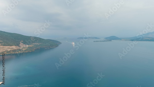 Igoumenitsa, Greece. Large ferry enters the port, Aerial View photo