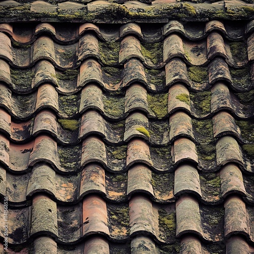 Close-up of Old Weathered Roof Tiles with Moss photo