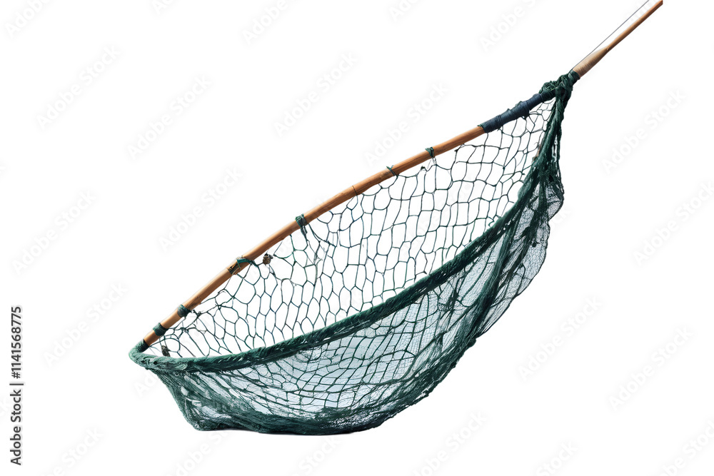 Obraz premium Worn Fishing Net with Wooden Frame Isolated on Transparent Background