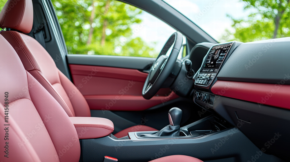 Modern car interior with red leather seats and dashboard Modern car interior with red leather seats and dashboard