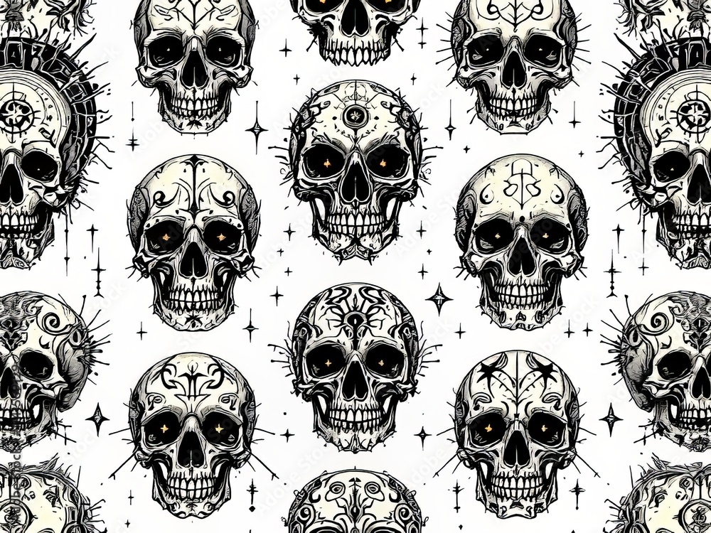 Halloween skulls, arranged with the rule of thirds, create a spooky seamless pattern. Halloween skulls, arranged with the rule of thirds, create a spooky seamless pattern.