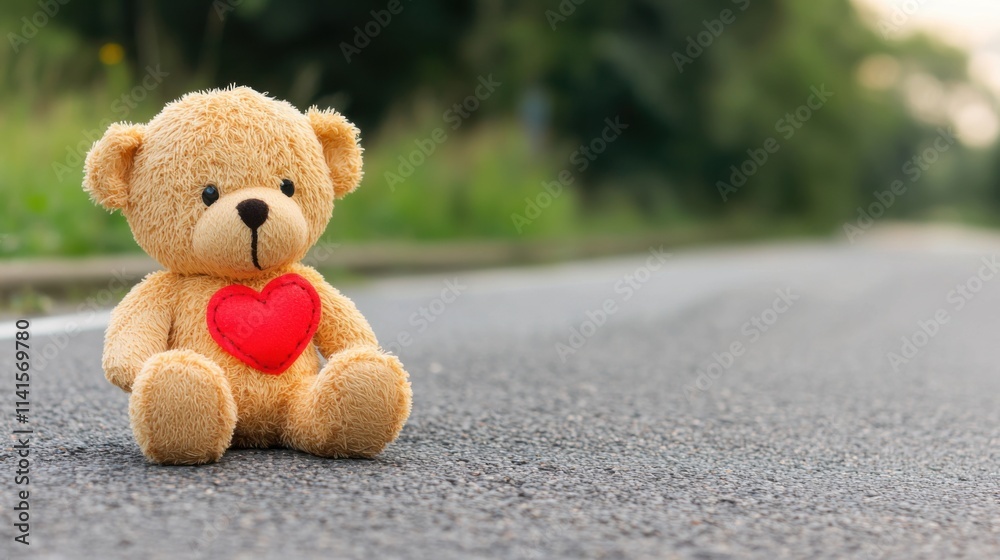 Obraz premium Lonely teddy bear with heart symbol on empty road reflecting need for renewal and reflection