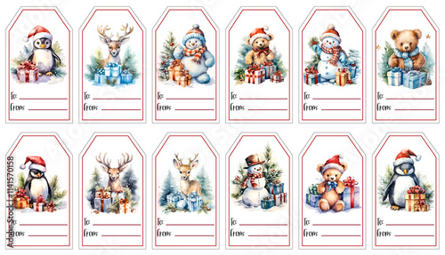 A set of cute Christmas gift tags featuring watercolour illustration of adorable snowman, deer, bear, teddy bear 