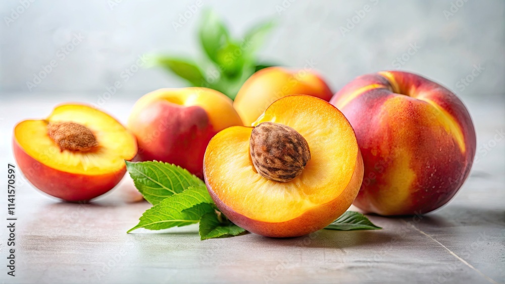 Fresh Cut Peaches on White Background - Juicy, Ripe, Healthy Fruits for Summer Recipes and Desserts, Vibrant Colors, Close-Up Photography, Natural Ingredients, Vegan Snacks Fresh Cut Peaches on White Background - Juicy, Ripe, Healthy Fruits for Summer Recipes and Desserts, Vibrant Colors, Close-Up Photography, Natural Ingredients, Vegan Snacks