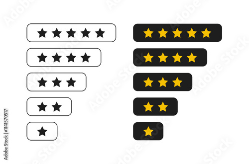 1 to 5 star rating in gold and black color isolated. Stars in modern simple flat style vector