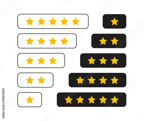 1 to 5 star rating in gold and black color isolated. Stars in modern simple flat style vector