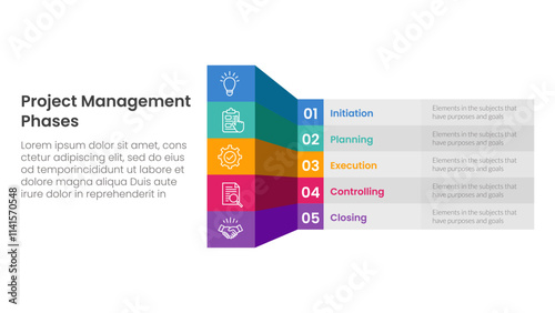 5 phase project management infographic template banner with creative box table shadow 3d style with 5 point list information for slide presentation