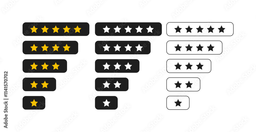 1 to 5 star rating in gold and black color isolated. Stars in modern simple flat style vector 1 to 5 star rating in gold and black color isolated. Stars in modern simple flat style vector