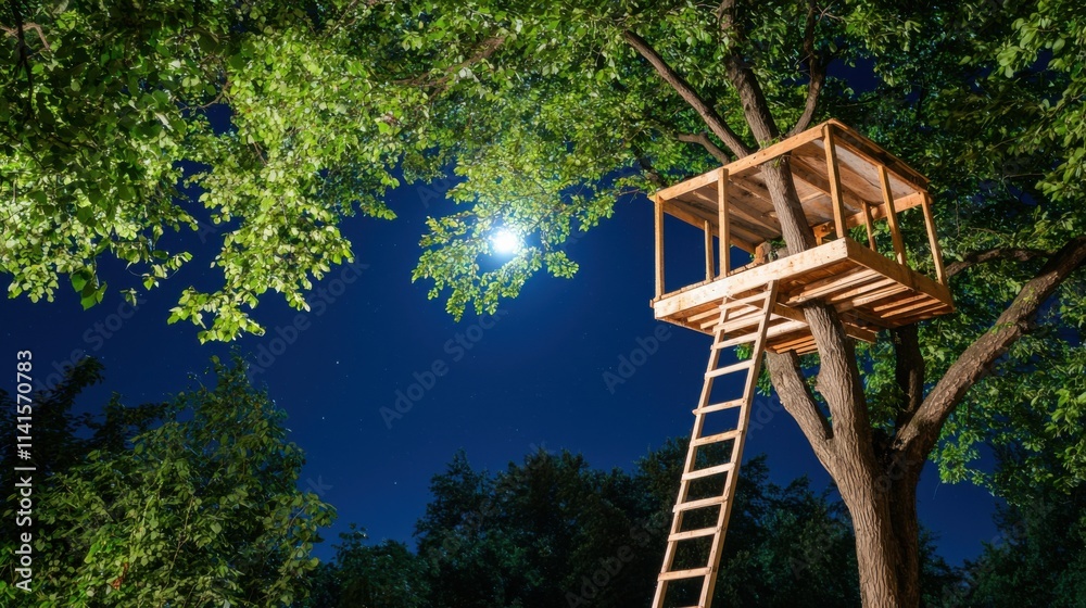 Nighttime adventure in a treehouse amidst the enchanting spring forest Nighttime adventure in a treehouse amidst the enchanting spring forest