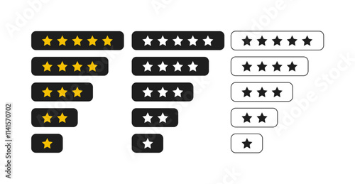 1 to 5 star rating in gold and black color isolated. Stars in modern simple flat style vector