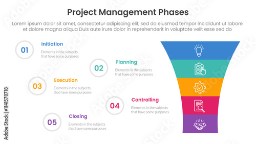 5 phase project management infographic template banner with funnel shrink v shape with 5 point list information for slide presentation