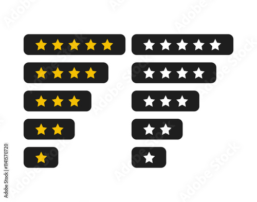 1 to 5 star rating in gold and black color isolated. Stars in modern simple flat style vector