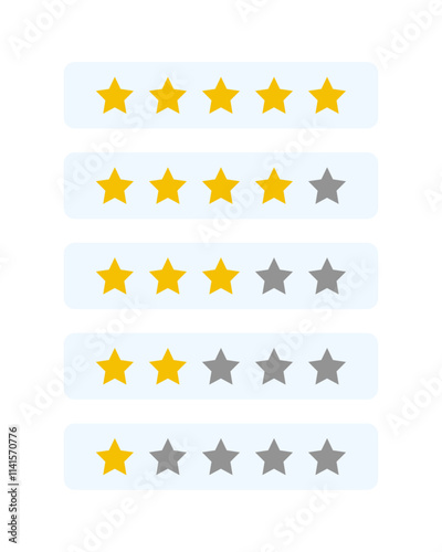1 to 5 star rating in gold and gray color isolated. Stars in modern simple flat style vector