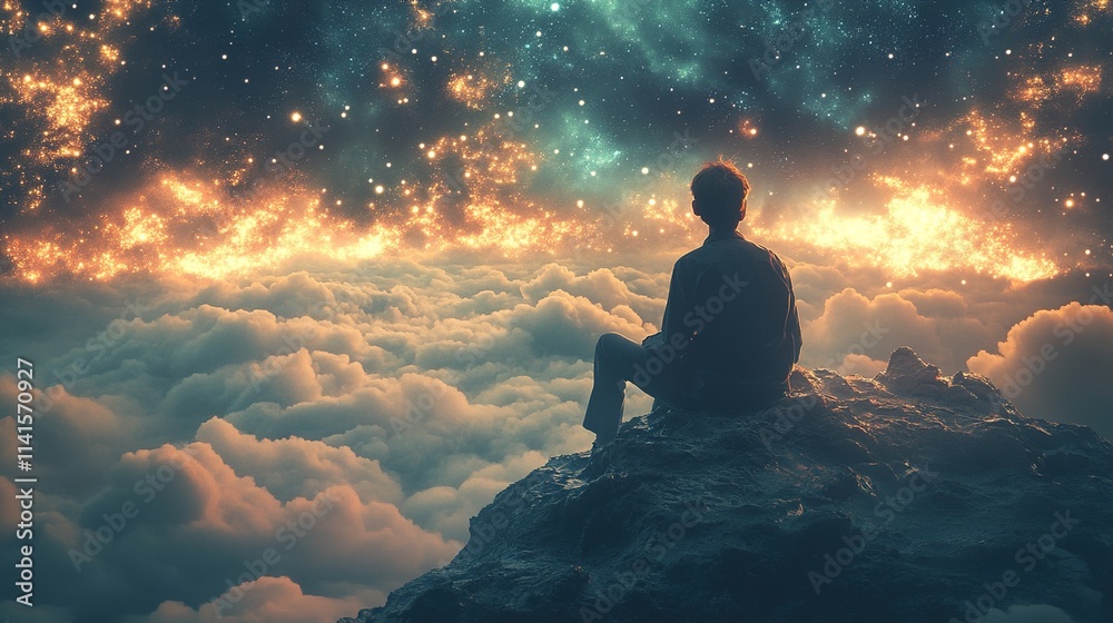 Obraz premium Contemplation Above the Clouds: A Surreal Dreamscape