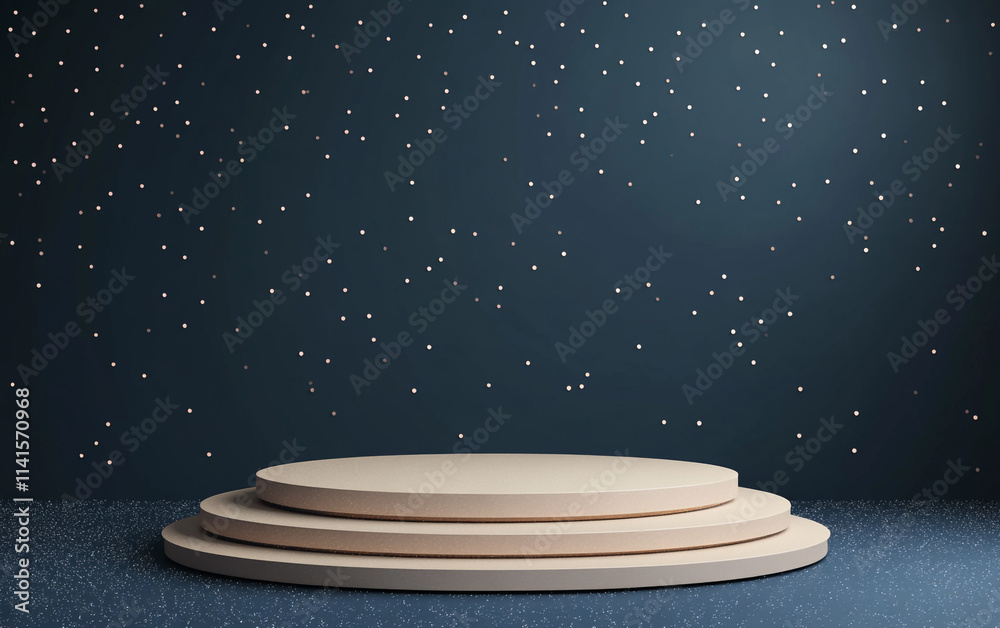 Elegant circular platform illuminated by starlit backdrop for events or presentations Elegant circular platform illuminated by starlit backdrop for events or presentations
