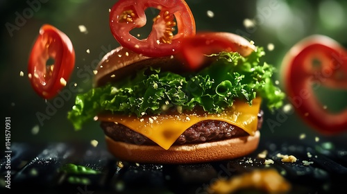 Gourmet Beef Burger with Lettuce Cheese and Floating Tomato Slices in Natural Light : Generative AI