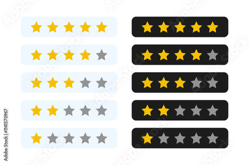 1 to 5 star rating in gold and gray color isolated. Stars in modern simple flat style vector