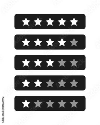 1 to 5 star rating in white and gray color isolated on black background. Stars in modern simple flat style vector