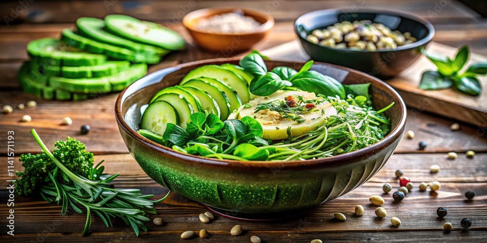 Green Vegan Breakfast Bowl with Spinach, Arugula, Zucchini, Seeds, and Pea Sprouts - Clean Eating, Healthy Diet, Plant-Based Meal, Nutrition, Wellness, Diet Food Green Vegan Breakfast Bowl with Spinach, Arugula, Zucchini, Seeds, and Pea Sprouts - Clean Eating, Healthy Diet, Plant-Based Meal, Nutrition, Wellness, Diet Food
