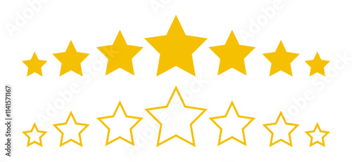 5 star rating in gold and gold outline isolated. Stars in modern simple flat style vector