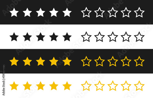 5 star rating in gold, black and white isolated. Stars in modern simple flat style vector