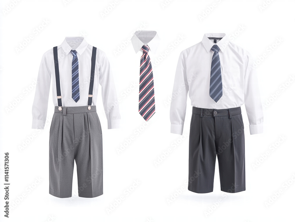 Smart school uniforms featuring white shirt, ties, and shorts with suspenders, perfect for polished look. Ideal for formal occasions or school events Smart school uniforms featuring white shirt, ties, and shorts with suspenders, perfect for polished look. Ideal for formal occasions or school events