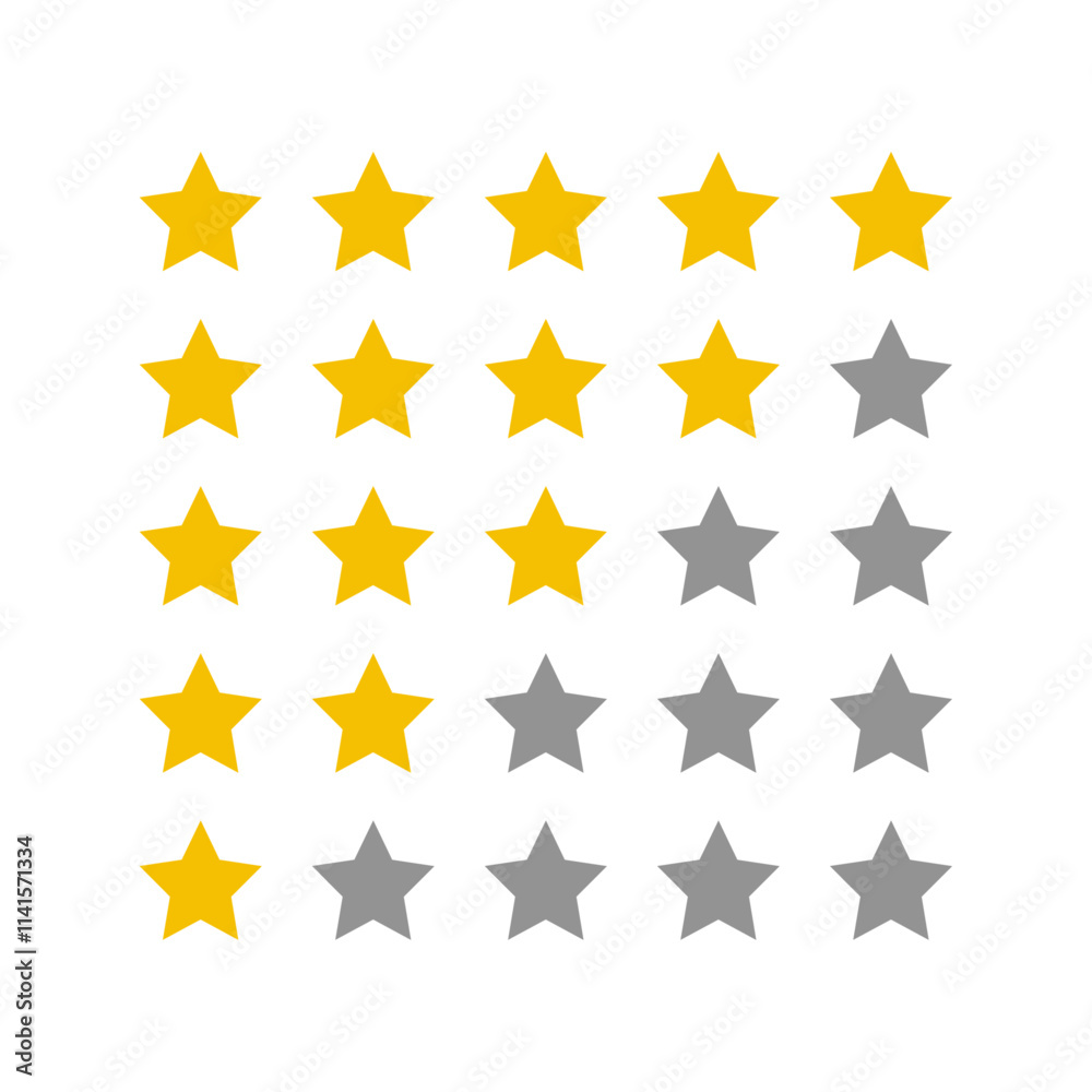 1 to 5 star rating in gold and gray color isolated. Stars in modern simple flat style vector 1 to 5 star rating in gold and gray color isolated. Stars in modern simple flat style vector