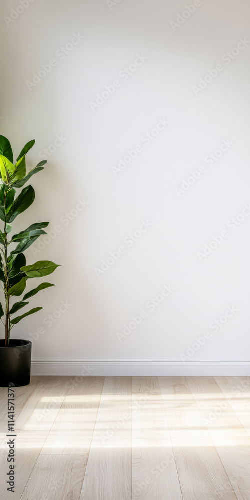 Minimalist indoor space with a potted plant and bright sunlight streaming in