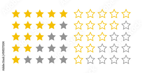 1 to 5 star rating in gold and gray outline color isolated. Stars in modern simple flat style vector