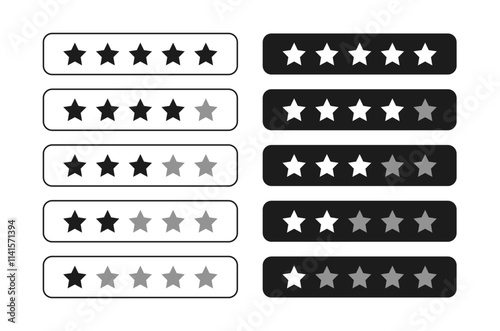 1 to 5 star rating in black and gray color isolated. Stars in modern simple flat style vector