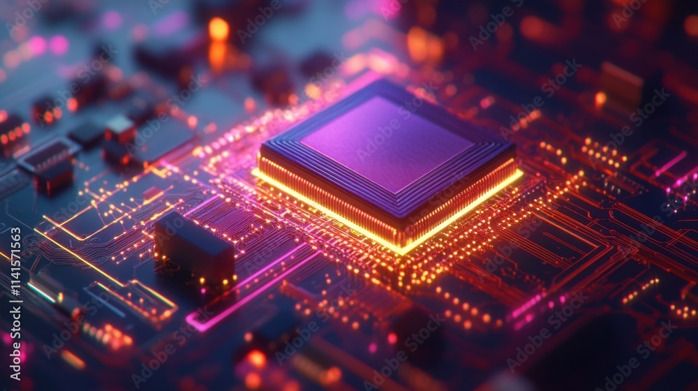 Close-up of a High-Tech Microprocessor on a Colorful Circuit Board Close-up of a High-Tech Microprocessor on a Colorful Circuit Board