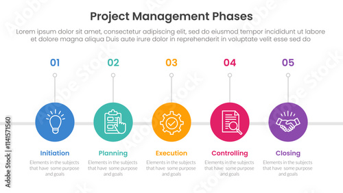 5 phase project management infographic template banner with stack, rectangle, arrow, creative, variations, vertical, arrows with 5 point list information for slide presentation