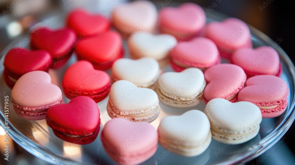 Heart-Shaped Macarons in Various Colors on a Glass Plate Heart-Shaped Macarons in Various Colors on a Glass Plate