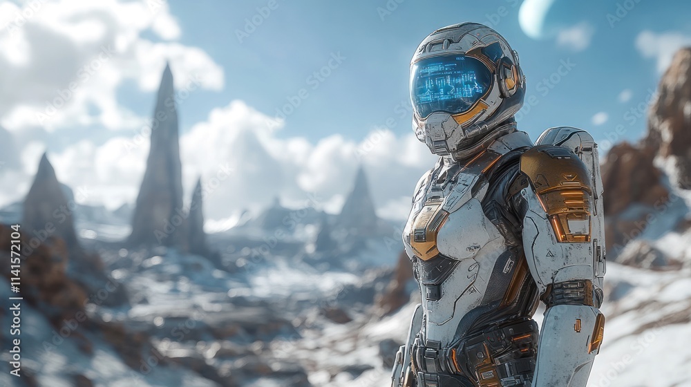 Futuristic astronaut on sci-fi landscape with towering formations Futuristic astronaut on sci-fi landscape with towering formations