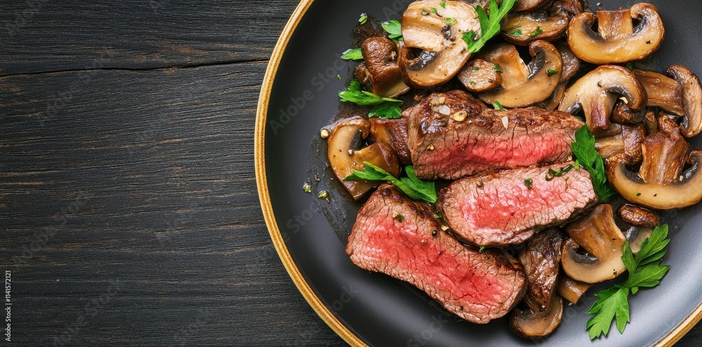 Delicious steak served with saut?ed mushrooms on a stylish plate, perfect for gourmet dining. Delicious steak served with saut?ed mushrooms on a stylish plate, perfect for gourmet dining.