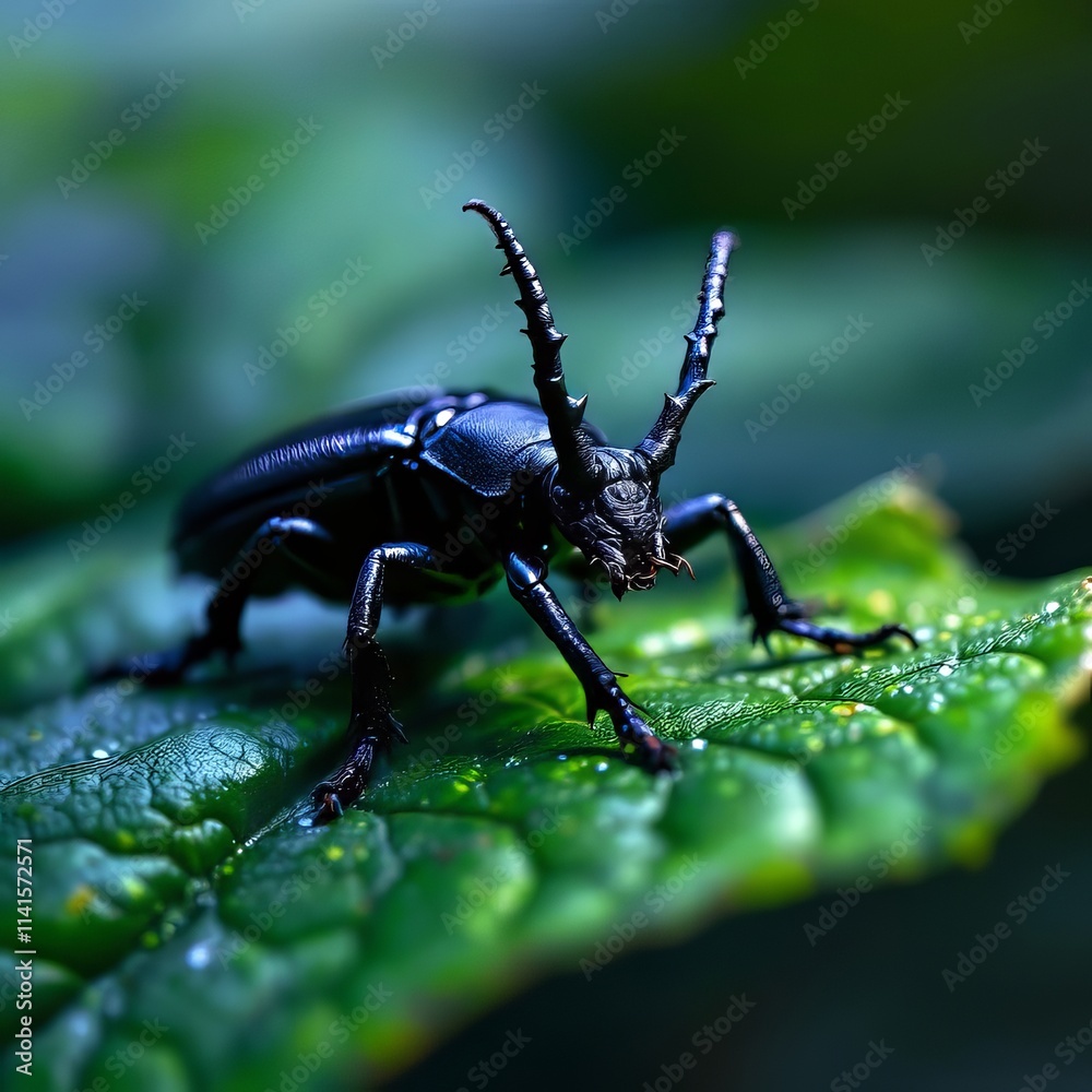 Long exposure captures a black longhorn beetle's intricate detail on a leaf. Long exposure captures a black longhorn beetle's intricate detail on a leaf.