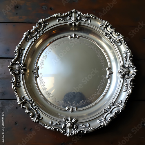Wallpaper Mural Ornate Vintage Silver Platter with Rococo Details on Dark Wood Surface
 Torontodigital.ca